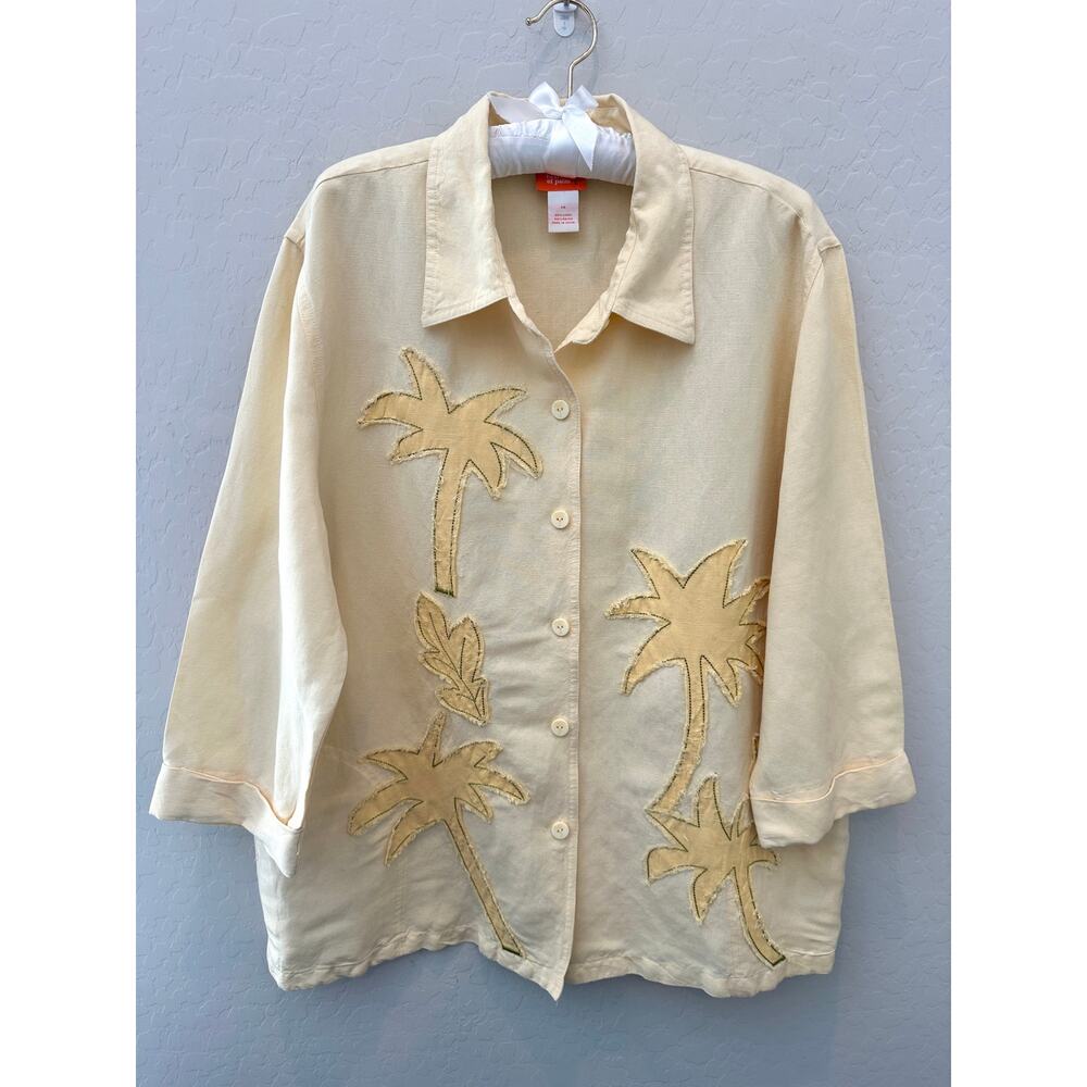 HEARTS OF PALM Linen Blend Palm Tree Tropical Resort Camp Shirt Top | Size 14